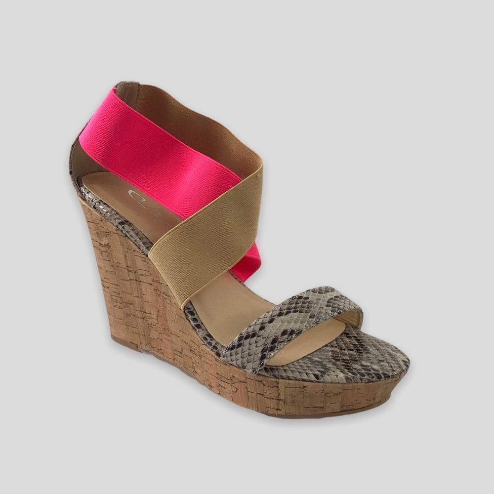 CL by Laundry 8 Platform Wedge Sandal Multi Tone Elastic Strappy Pink Snakeskin